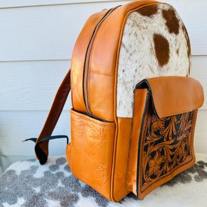 Western Rodeo Backpack Western Cowhide and Tooled Leather Backpack in Tan Rodeo Cowgirl Gifts ...
