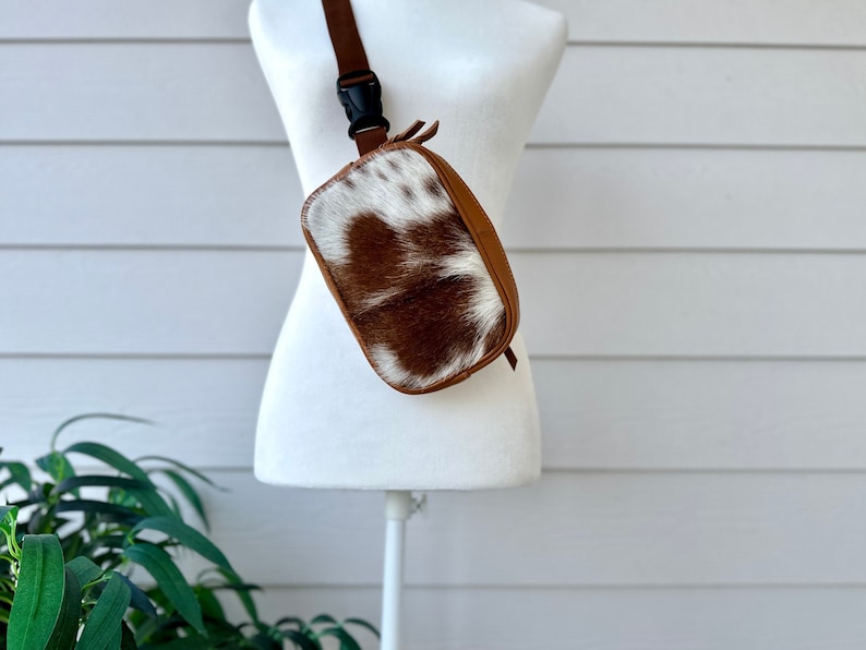 Cowhide Leather Fanny Pack Sling Bag Crossbody Belt Bag Bum Bag Real Cow Hide Print | Gifts for her