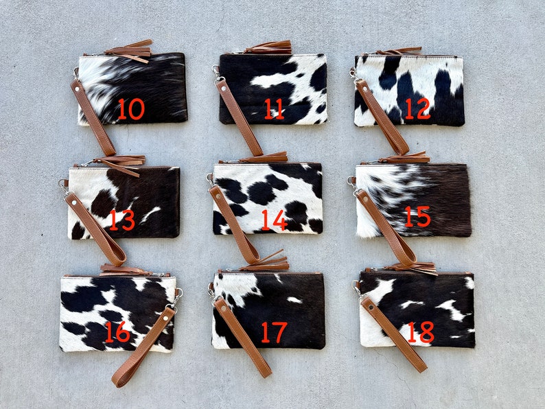 Real Cowhide Leather Wristlet Clutch Western Purse Wallet Handbag Brown Black Tan | Gifts for her - Bridesmaid Gifts- Graduation Gifts- Mothers day gifts- Holiday gifts