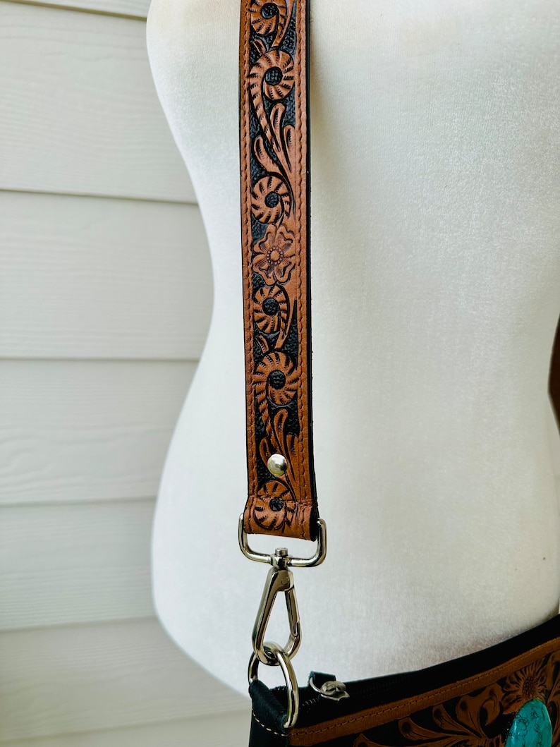 Western Cowhide Crossbody Bag Tooled Leather and Turquoise Carry Purse