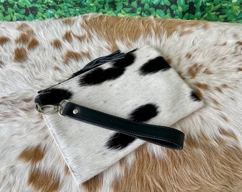 Cowhide Wristlet Purse Clutch Phone Wallet Case Make up Bag Pouch Black Leather - As picture