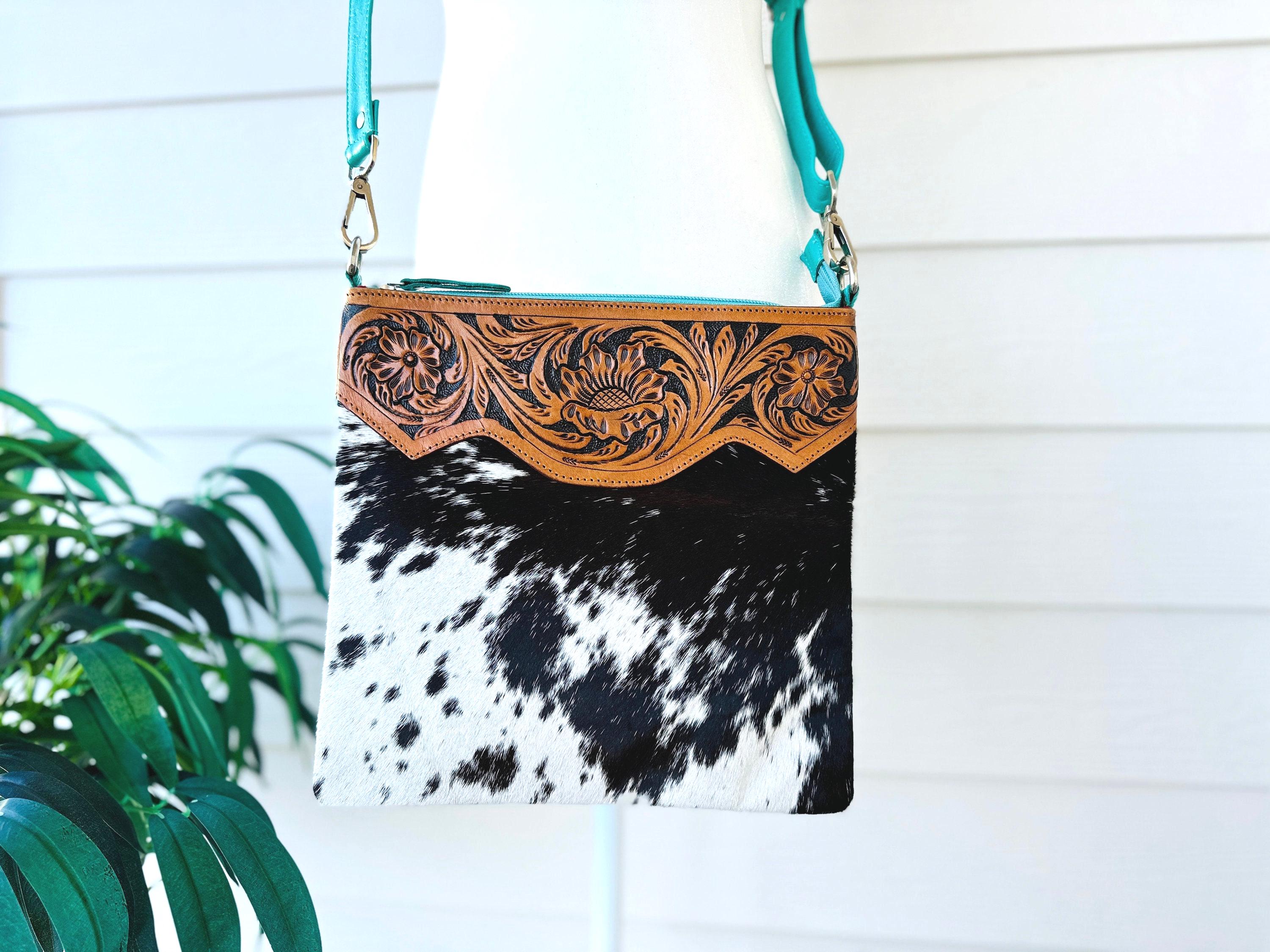 Western Cowhide Crossbody Purse with Tooled Leather Messenger Bag Tan Turquoise Rodeo Handbag Cowgirl Gifts for Her