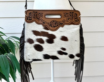 Cowhide Crossbody Purse Handbag Shoulder Bag with Fringes Western Messenger Leather Gifts