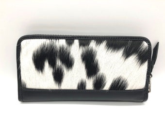 Cowhide Wallets for Women Zip Wallet Clutch Card Case Black Calf Leather Cow Fur Western - Gifts for her