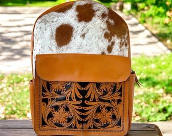 Western Cowhide and Tooled Leather Backpack in Tan Rodeo Cowgirl Gifts