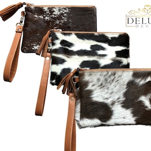 Cartera de mano estilo rodeo para teléfono inteligente de piel de vaca estilo western, color negro y tostado: regalos de vaquera para ella
