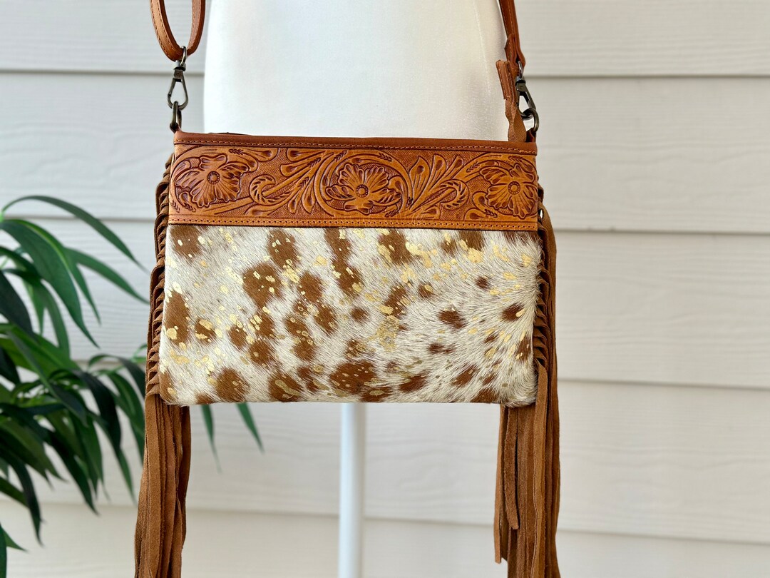 Cowhide Crossbody Shoulder Bag Purse With Fringes Western Handbag Tooled Leather Brown Gold Messenger Gifts Etsy Ireland