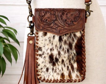 Cowhide Phone Crossbody Bag with Tooled Leather Flap Western Rodeo Festival Purse Cowgirl Gift