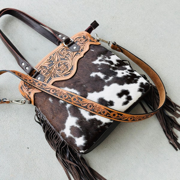 Western Cowhide Handbag Shoulder Crossbody Messenger Western Bag with Tooled Leather and Fringes in Dark Brown