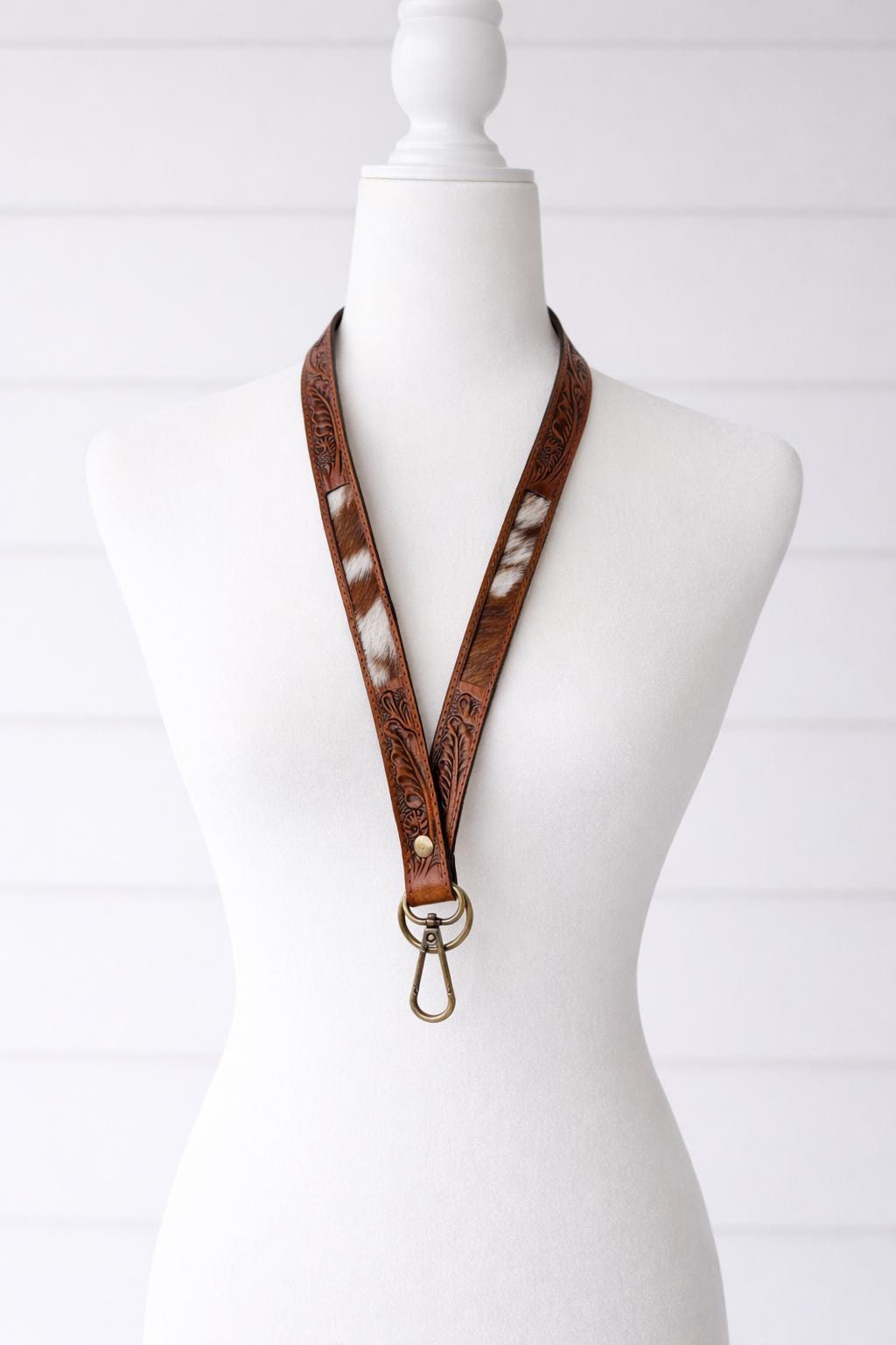 Cowhide & Tooled Leather Lanyard Western Badge Holder Keychain Tan Turquoise Feather Corporate Teacher Gifts