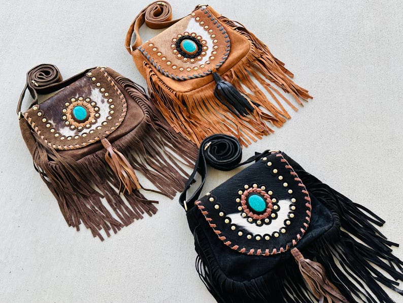 Cowhide Bag Rodeo Crossbody Purse Turquoise & Fringe Western Handbag
