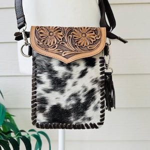 Bolso bandolera de piel de vaca estilo occidental, cartera para teléfono móvil, billetera para teléfono inteligente, cuero repujado, marrón oscuro, regalo de vaquera para ella
