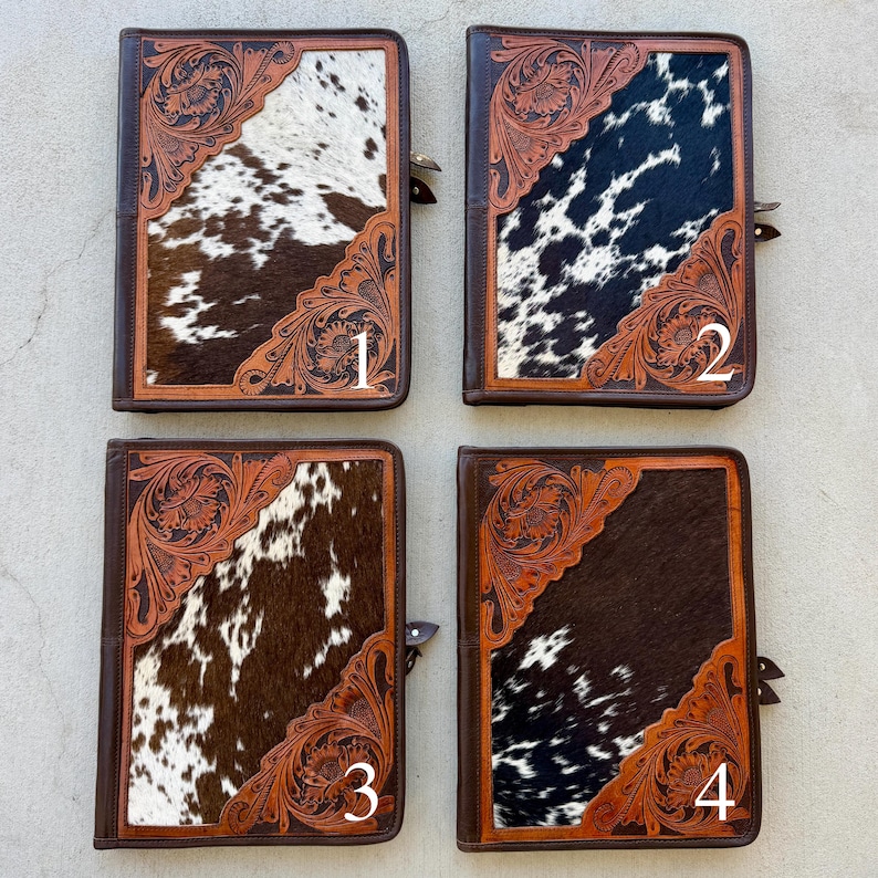 Hand-Tooled Cowhide Leather Portfolio Padfolio Western Business Organizer Gift