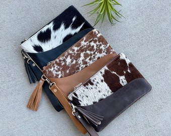 Véritable poignet en peau de vachette Western Purse Clutch Phone Wallet Bag Handbag Black Brown Leather Idées cadeaux pour elle