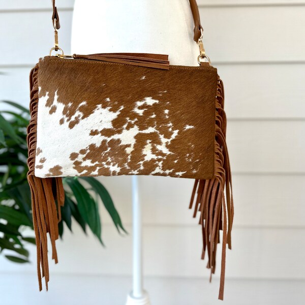 Cowhide Crossbody Purse Bag with Fringes Handbag Clutch Brown Leather | Real Hair on Cow Hide | Gifts for Her