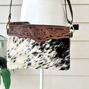 Sac à main bandoulière en cuir de vachette Pochette messager Sac à main western Cuir repoussé Marron noir Vraie vache