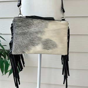 Cowhide Crossbody Purse with Fringes Western Handbag Clutch Gray Black Leather | Gifts for Her