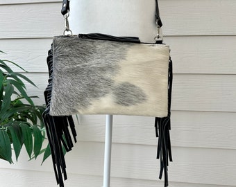 Cowhide Crossbody Purse with Fringes Western Handbag Clutch Gray Black Leather | Gifts for Her