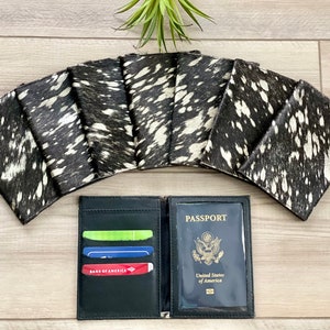 Cowhide Leather Passport Cover Holder Wallet Case Travel Black Silver Acid Wash