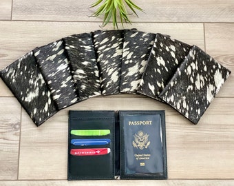 Cowhide Leather Passport Cover Holder Wallet Case Travel Black Silver Acid Wash