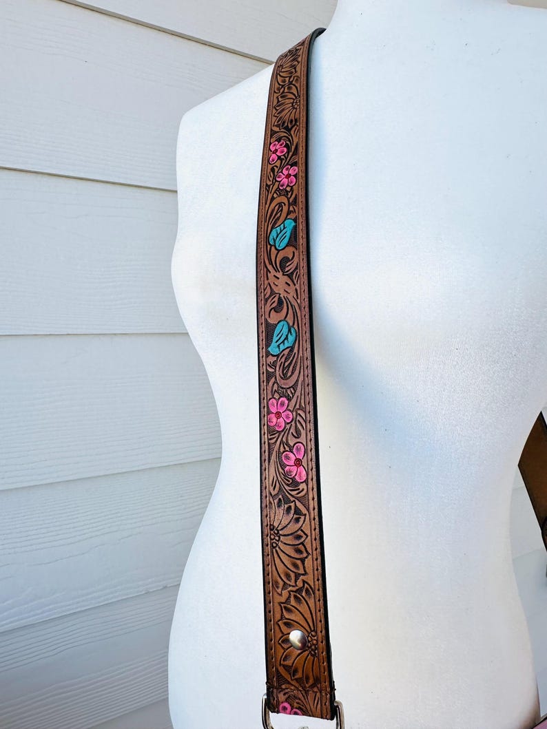 Western Tooled Leather Handbag Crossbody Bag Strap Tan Turquoise Pink Country Cowgirl Gift