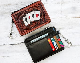 Tooled Leather Western Wallet: Aces Card Holder, Coin Purse Keychain