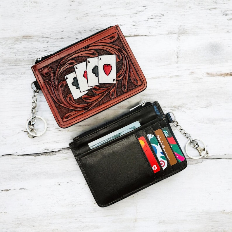 Western Tooled Leather Wallet Aces Credit Card Holder Case Change Coin Purse Keychain Gifts for Her