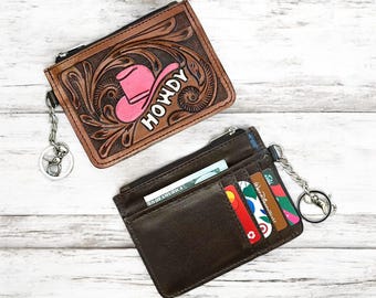 Tooled Leather Cowgirl Wallet: Western "Howdy" Card Holder Keychain