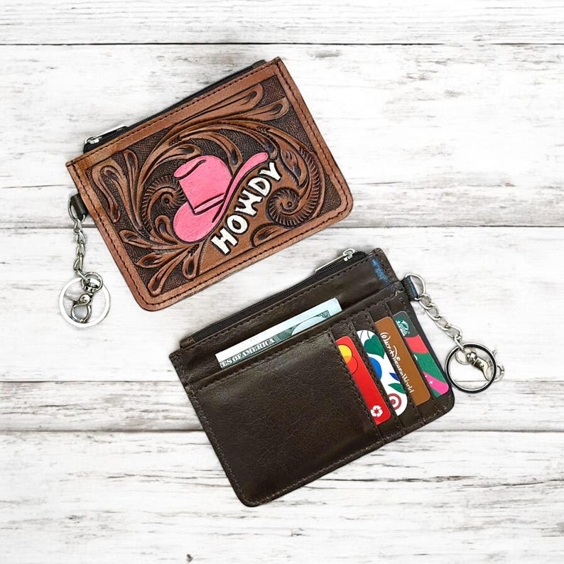 Western Tooled Leather Wallet Howdy Cowgirl Hat Credit Card Holder Case Change Coin Purse Keychain Gifts for Her