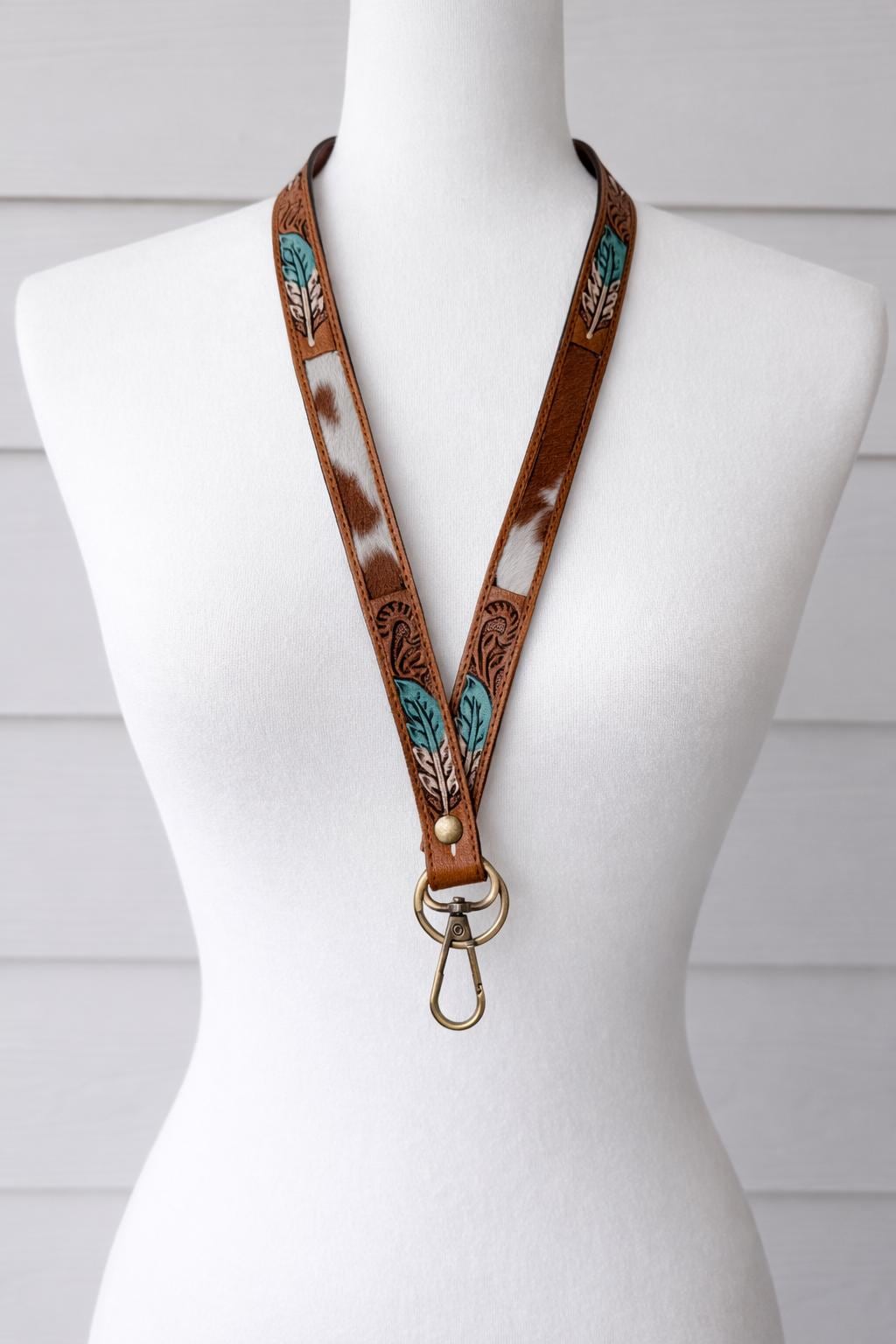 Cowhide & Tooled Leather Lanyard Western Badge Holder Keychain Turquoise Tan Feather Corporate Teacher Gifts
