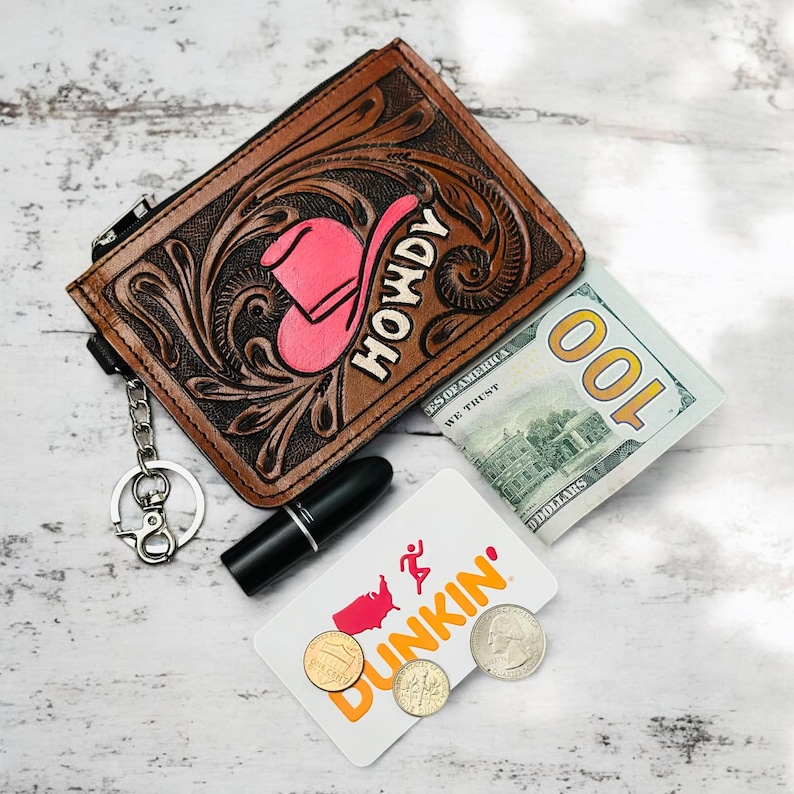 Western Tooled Leather Wallet Howdy Cowgirl Hat Credit Card Holder Case Change Coin Purse Keychain Gifts for Her