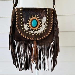 Cowhide Bag Rodeo Crossbody Purse Turquoise & Fringe Western Handbag