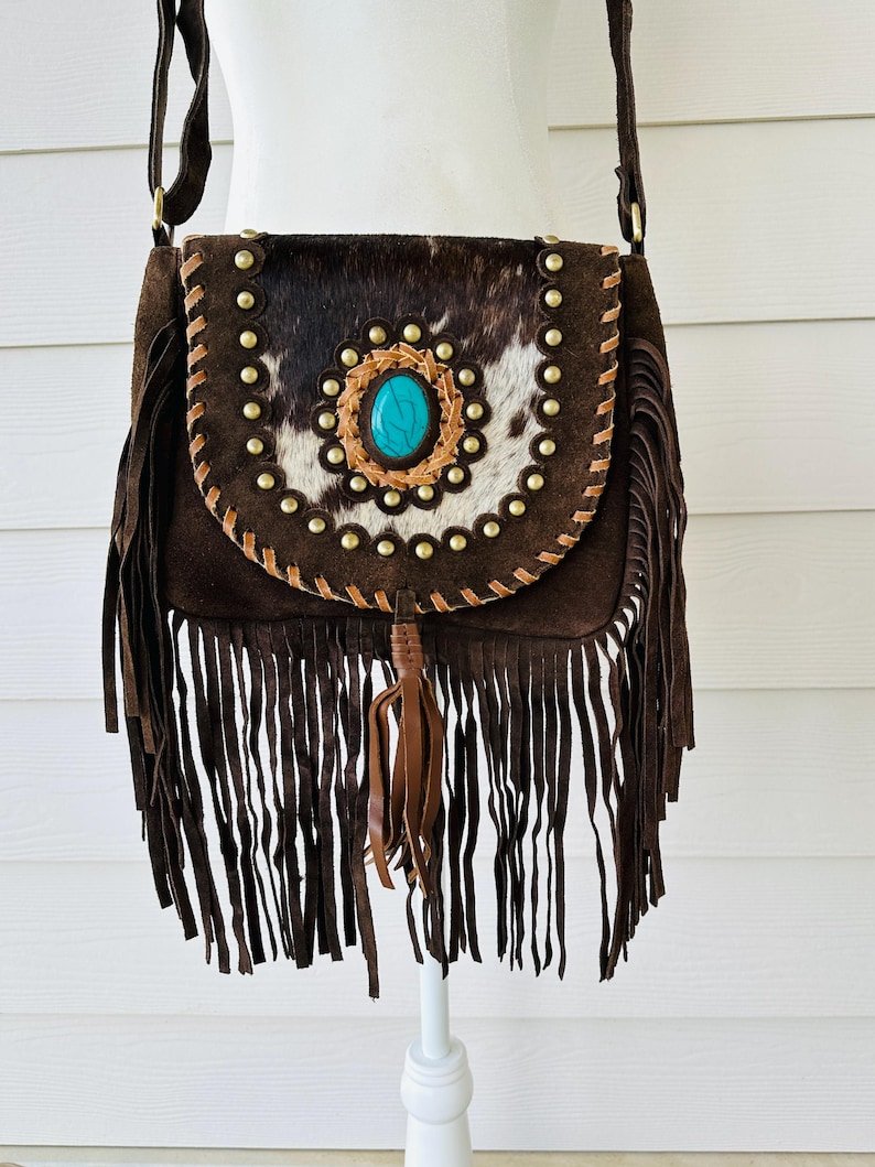Cowhide Bag Rodeo Crossbody Purse Turquoise & Fringe Western Handbag