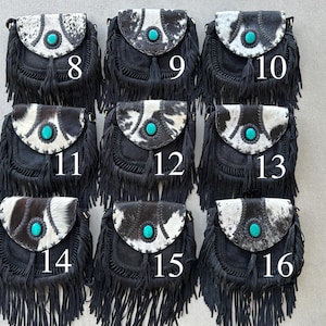 Cowhide Leather Crossbody Purse: Turquoise & Fringe Western Handbag