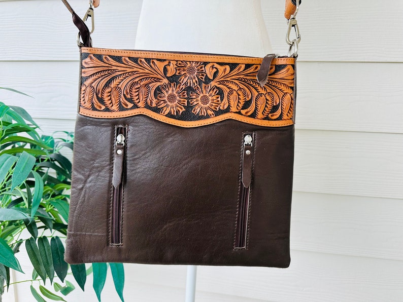 Western Cowhide Crossbody Bag Tooled Leather and Turquoise Carry Purse