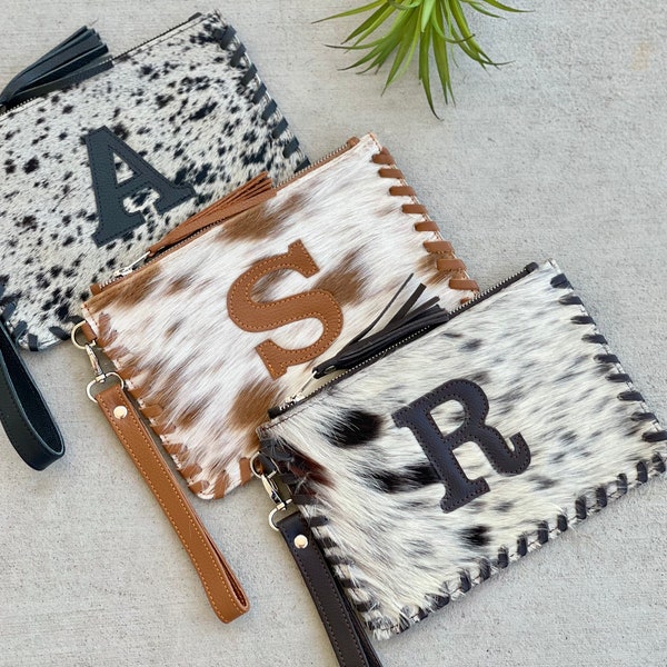 Cowhide Wristlet Monogram Custom Clutch Phone Purse Pouch Handbag Brown Black Leather Western Hair on Cow Hide | Gifts for Her