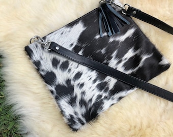 Real Cowhide Crossbody Purse Black Leather Western Bag Wristlet Handbag Clutch | Gifts for her