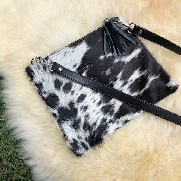 Real Cowhide Crossbody Purse Black Leather Western Bag Wristlet Handbag Clutch | Gifts for her