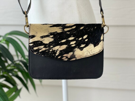 Cowhide Purse Crossbody Leather Handbag Clutch Bag Black Gold Acid Wash Etsy