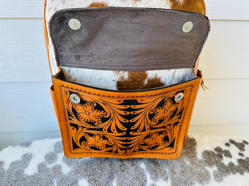 Western Cowhide and Tooled Leather Backpack in Tan Rodeo Cowgirl Gifts ...