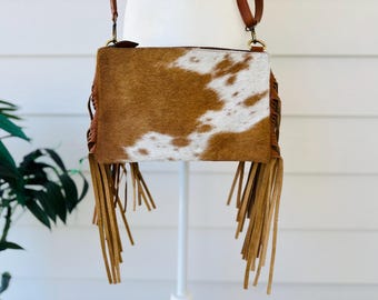 Rindsleder Crossbody Geldbörse: Western Rodeo Bag mit Leder Fransen