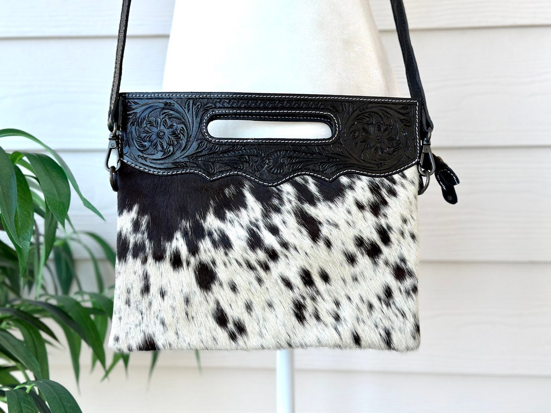 Cowhide Crossbody Messenger Bag Purse Western Handbag Tooled Leather ...