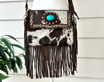 Cowhide Crossbody Purse Western Bag With Fringes Turquoise 