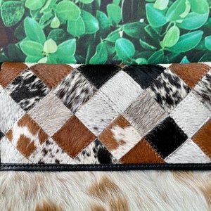 Carteras de piel de vaca de patchwork personalizadas para mujeres Billetera delgada Bifold Cuero negro Piel de vaca real - Regalos para ella