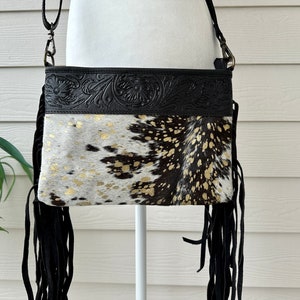 Cowhide Crossbody Purse Shoulder Bag with Fringes Western Handbag Tooled Leather Black Gold Messenger | Gifts