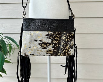 Cowhide Crossbody Purse Shoulder Bag with Fringes Western Handbag Tooled Leather Black Gold Messenger | Gifts