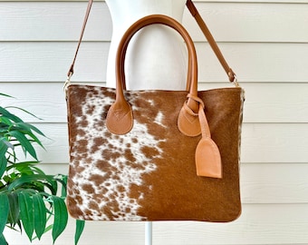 Western Cowhide Leather Tote Bag Handbag Purse Shoulder Laptop Bag Satchel Tan Large