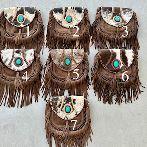 Cowhide Leather Crossbody Purse: Turquoise & Fringe Western Handbag