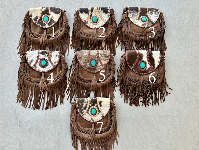 Cowhide Leather Crossbody Purse: Turquoise & Fringe Western Handbag