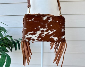 Cowhide Crossbody Purse with Fringes Western Handbag Clutch Brown Tan Leather | Gifts for Her